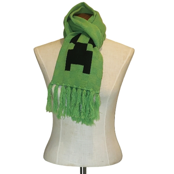 J¡NX Minecraft Creeper Face Fringe Ends Acrylic Knit Scarf Unisex Green Black OS - Picture 3 of 15